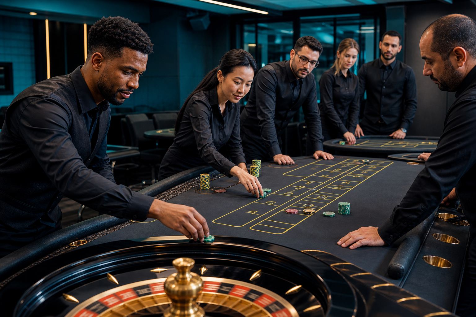 Casino trainee dealing cards at a Modernluminara practice table